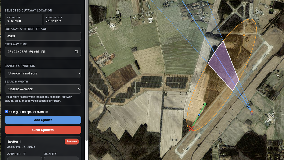 Example canopy cutaway search estimate map with drift area and spotter azimuth sectors
