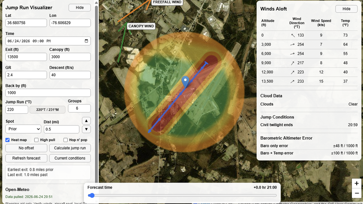 Example skydiving jump run planning map with winds aloft and colored overlays